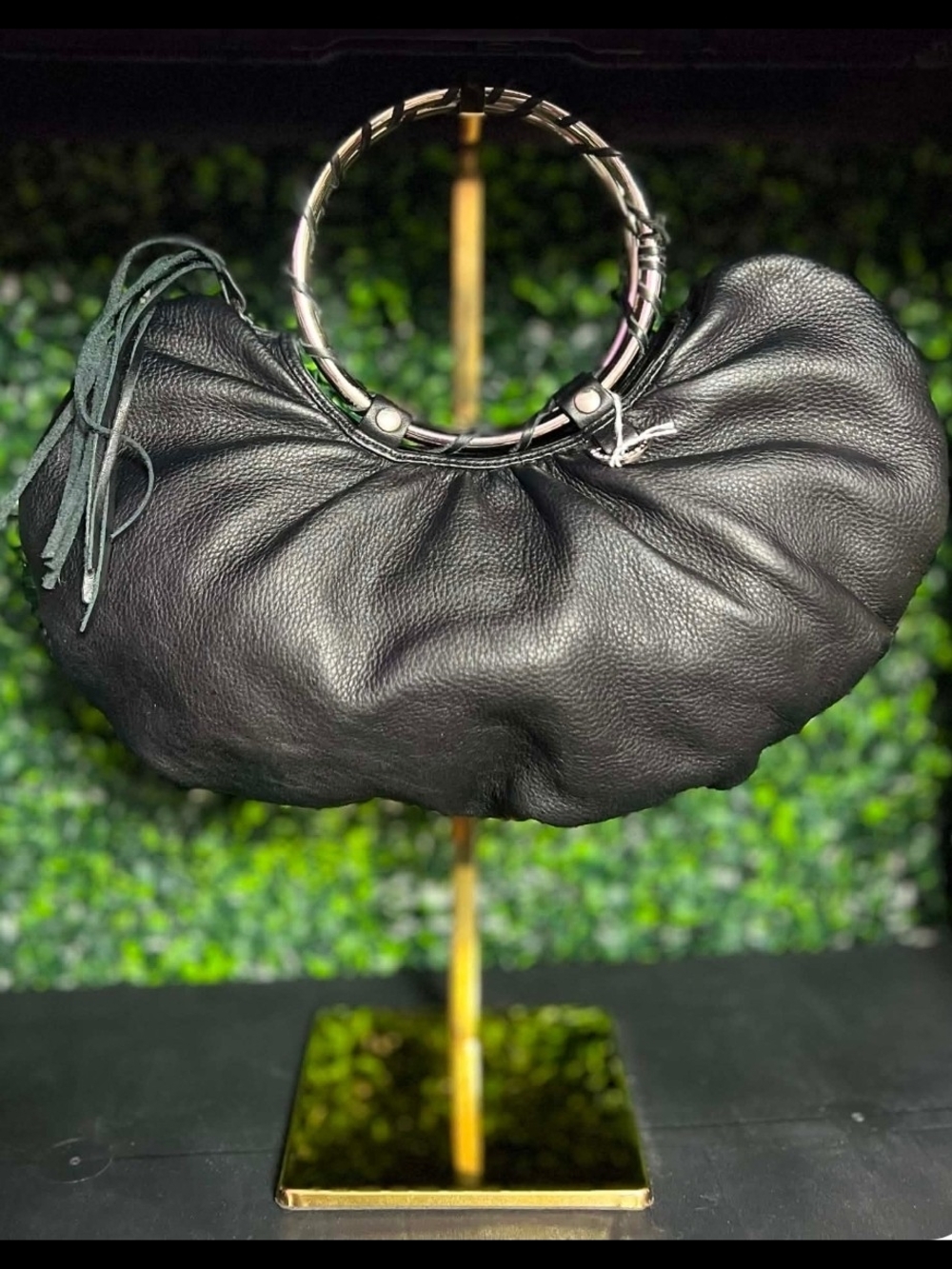 Vintage Babee D Black Pebbled Leather Ring Handle Crescent Hobo Bag